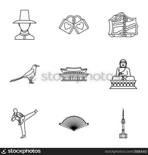Country of South Korea icons set. Outline illustration of 9 country of South Korea vector icons for web. Country of South Korea icons set, outline style