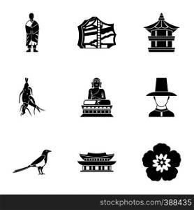 Country of South Korea icons set. Simple illustration of 9 country of South Korea vector icons for web. Country of South Korea icons set, simple style