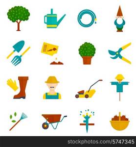 Country orchard vegetable garden harvest flat pictograms collection with irrigation system symbols abstract isolated vector illustration