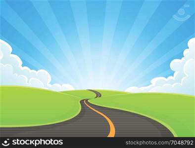 Country Road Snaking With Blue Sky And Sunbeams. Illustration of a cartoon landscape, with road snaking inside green landscape going towards a sunset sky