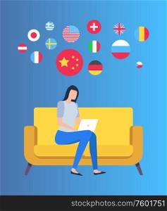 Country round icons, flags of states, europe and asia, usa emblems. Woman sitting on sofa with laptop, female character with computer, international vector. Flag of Country, Female with Laptop, State Vector