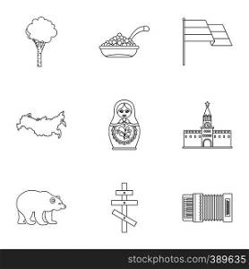 Country Russia icons set. Outline illustration of 9 country Russia vector icons for web. Country Russia icons set, outline style