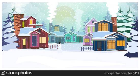 Country scene with cottages and fir-trees vector illustration. Winter day and snowfall. Country scene concept. For websites, wallpapers, posters or banners.