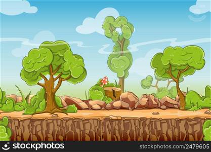 Country seamless landscape in cartoon style. Nature panorama, green tree outdoor, vector illustration. Country seamless landscape in vector cartoon style