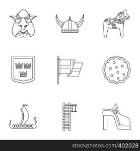 Country Sweden icons set. Outline illustration of 9 country Sweden vector icons for web. Country Sweden icons set, outline style