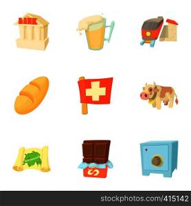 Country Switzerland icons set. Cartoon illustration of 9 country Switzerland vector icons for web. Country Switzerland icons set, cartoon style