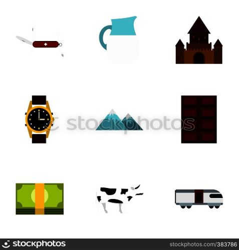 Country Switzerland icons set. Flat illustration of 9 country Switzerland vector icons for web. Country Switzerland icons set, flat style