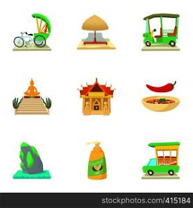 Country Thailand icons set. Cartoon illustration of 9 country Thailand vector icons for web. Country Thailand icons set, cartoon style