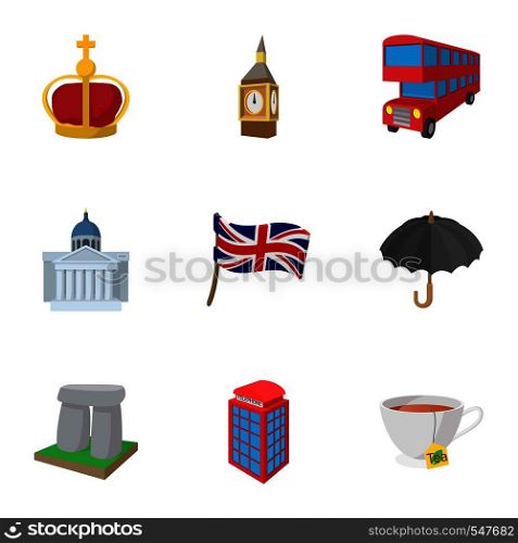Country United Kingdom icons set. Cartoon illustration of 9 country United Kingdom vector icons for web. Country United Kingdom icons set, cartoon style