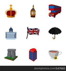 Country United Kingdom icons set. Cartoon illustration of 9 country United Kingdom vector icons for web. Country United Kingdom icons set, cartoon style