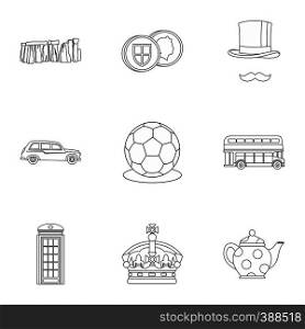 Country United Kingdom icons set. Outline illustration of 9 country United Kingdom vector icons for web. Country United Kingdom icons set, outline style