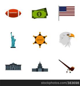 Country USA icons set. Flat illustration of 9 country USA vector icons for web. Country USA icons set, flat style