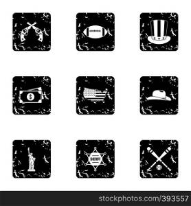 Country USA icons set. Grunge illustration of 9 country USA vector icons for web. Country USA icons set, grunge style