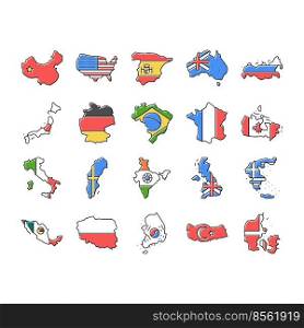 country world map global travel icons set vector. america flag, europe earth, africa globe, asia international, usa, planet geography country world map global travel color line illustrations. country world map global travel icons set vector