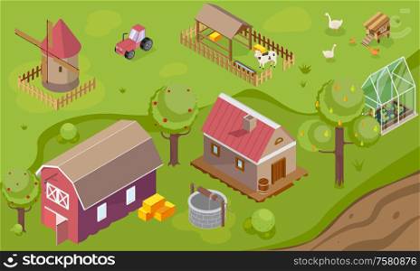 Countryside background with windmill house granary and greenhouse isometric vector illustration