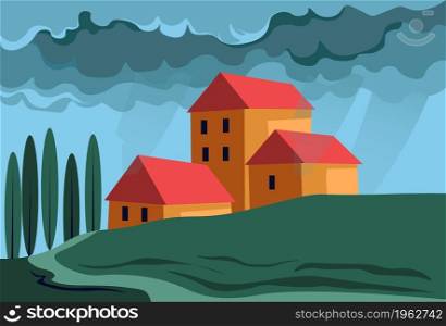 Countryside farm on hill in rural area, field and meadow with glass and trees and houses. Rainy summer evening with cloudy sky and gloomy weather. Scenery and place for rest. Vector in flat style. Farm in countryside, summer rainy evening vector
