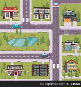 Countryside Flat Template. Countryside flat template with suburban residential houses cottages estates trees grass lake road cars vector illustration