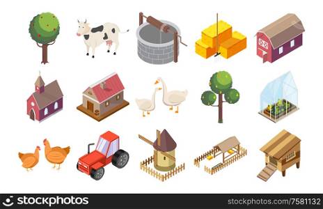 Countryside icons set with houses and nature isometric isolated vector illustration
