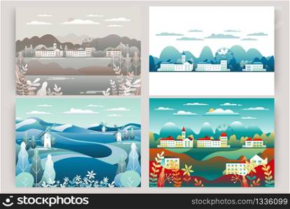 Countryside landscape. Country motif with farm Beautiful city with houses, clock tower, ferris wheel. Nature with mountains, hills, field, trees, forest and lake Cartoon illustration vector background