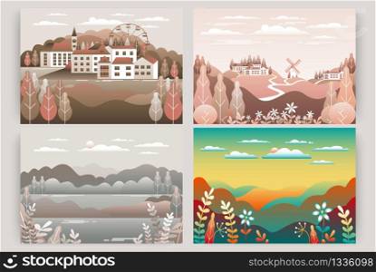 Countryside landscape set. Country motif with farm Beautiful city with houses, clock tower, ferris wheel. Nature with mountains, hills, field, trees, forest and lake Cartoon illustration vector background