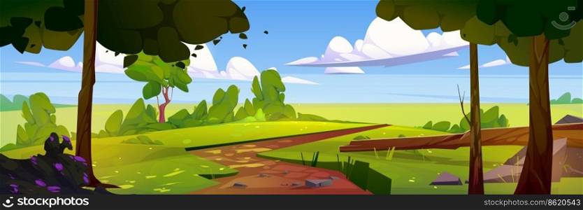 Countryside landscape with agriculture fields, green grass, trees and bushes with flowers. Rural summer scene of meadows, garden and path, vector cartoon illustration. Country landscape with fields, green grass, trees