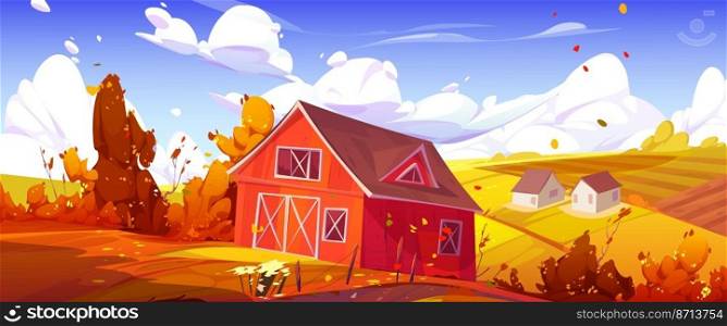 Countryside landscape with farm barn, agriculture field and houses in fall. Vector cartoon illustration of autumn scene, farmland with granary, road, fence and orange trees and bushes. Autumn countryside landscape with farm barn, field
