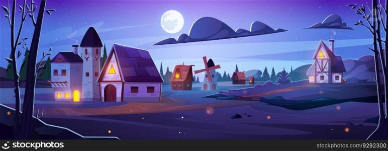 Countryside landscape with fields, village houses, trees and moon in sky at night. Rural scene with farm houses, windmill, road and road, vector cartoon illustration. Countryside landscape with village houses at night