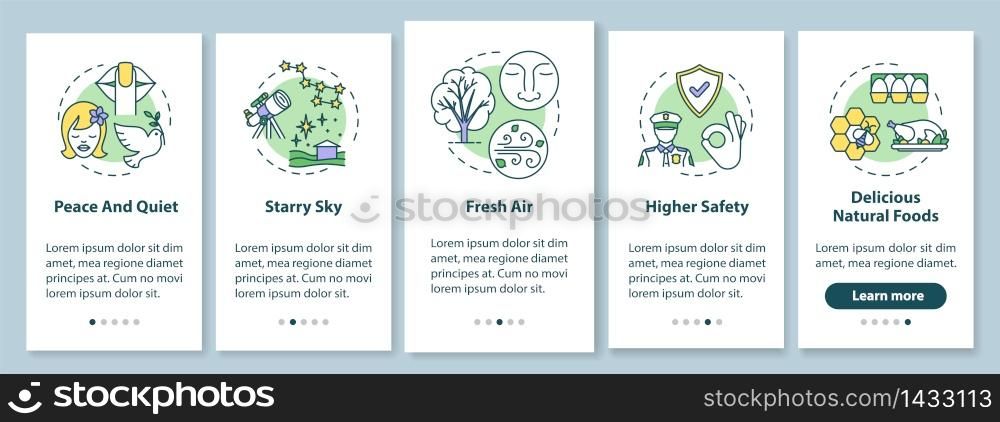 Countryside life conditions onboarding mobile app page screen with concepts. Village lifestyle advantages walkthrough 5 steps graphic instructions. UI vector template with RGB color illustrations. Countryside life conditions onboarding mobile app page screen with concepts