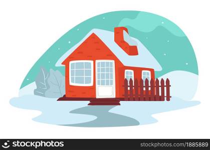 Countryside or village building with fence and orchard. House covered with snow, winter landscape of peaceful rural area. Traditional architecture of construction, exterior of dwelling, vector. Building in winter, house covered with snow vector