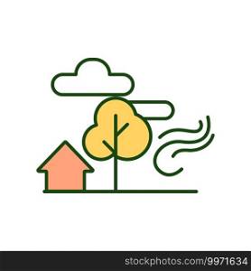 Countryside RGB color icon. Country environment. Rural land. Wind source for alternative energy. Home in suburban area. Residential house in suburbs. Lodging on farmland. Isolated vector illustration. Countryside RGB color icon
