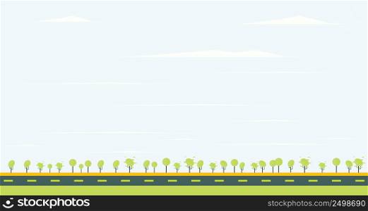 Countryside road with green tree and blue sky. Vector illustration.