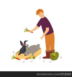 Countryside scene with a farmer feeding cute rabbits. Vector illustration of a rural life. Scene with a farmer feeding cute rabbits