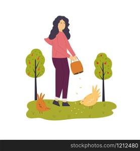 Countryside scene with a farmer girl taking care of hens. Vector illustration of a rural life. Scene with a farmer girl feeding funny hens.
