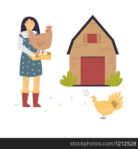 Countryside scene with a farmer girl taking care of hens. Vector illustration of a rural life. Scene with a farmer girl taking care of hens.
