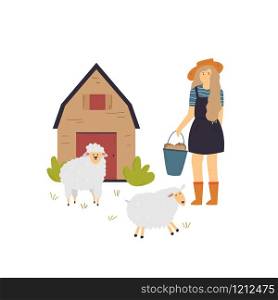 Countryside scene with a farmer girl taking care of sheep. Vector illustration of a rural life. Scene with a farmer girl taking care of sheep.