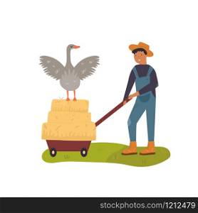 Countryside scene with a working farmer and a goose sitting on a haystack. Vector illustration of a rural life. Scene with a working farmer and goose