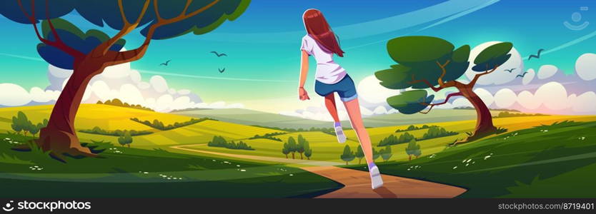 Countryside scene with girl runs on road. Summer landscape with agriculture fields, trees, green grass and running girl back view, vector cartoon illustration. Countryside scene with girl runs on road