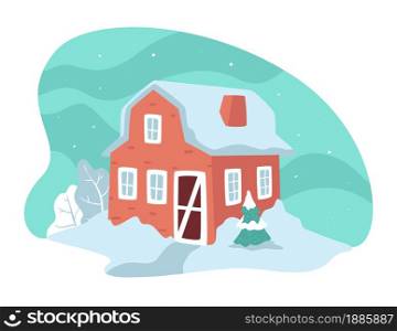 Countryside winter landscape with house covered with snow and pine tree. Rural area, building with facade and yard. Real estate in village or town. Suburban architecture of home, vector in flat. House with snowy rooftop, winter landscape in countryside