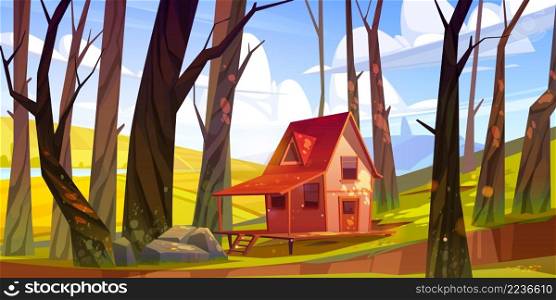 Countryside with wooden house, agriculture fields, river and autumn garden. Vector cartoon illustration of rural landscape with green hills, lake, tree trunks and small cottage in forest. Countryside with wooden house, fields and trees