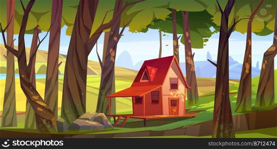 Countryside with wooden house, garden, river and agriculture fields. Vector cartoon illustration of summer landscape with green hills, lake, trees and small cottage in forest. Summer landscape with wooden house and fields