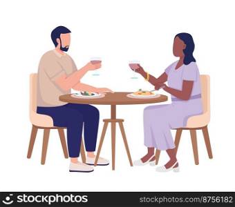 Coup≤on date drinking wi≠and eating meals semi flat color vector characters. Editab≤figures. Full body peop≤on white. Simp≤cartoon sty≤illustration for web graφc design and animation. Coup≤on date drinking wi≠and eating meals semi flat color vector characters