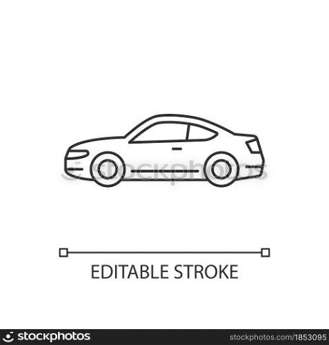 Coupe car linear icon. Two-door sports automobile. Performance-oriented vehicle. Fixed roof. Thin line customizable illustration. Contour symbol. Vector isolated outline drawing. Editable stroke. Coupe car linear icon