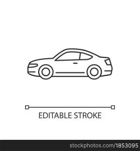 Coupe car linear icon. Two-door sports automobile. Performance-oriented vehicle. Fixed roof. Thin line customizable illustration. Contour symbol. Vector isolated outline drawing. Editable stroke. Coupe car linear icon
