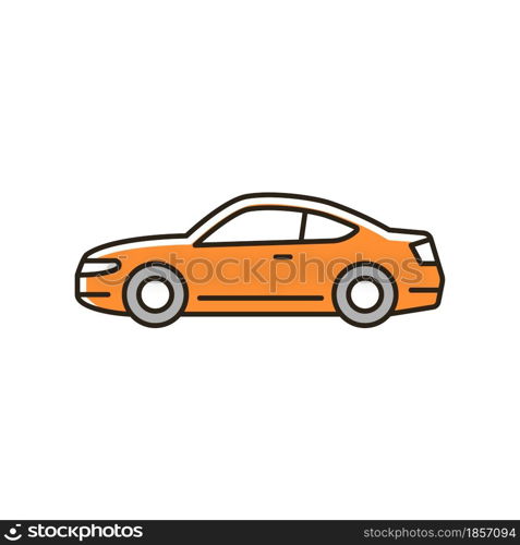 Coupe car RGB color icon. Two-door sports automobile. Performance-oriented vehicle. Fixed roof with two seats. Passenger compartment and trunk. Isolated vector illustration. Simple filled line drawing. Coupe car RGB color icon