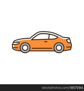 Coupe car RGB color icon. Two-door sports automobile. Performance-oriented vehicle. Fixed roof with two seats. Passenger compartment and trunk. Isolated vector illustration. Simple filled line drawing. Coupe car RGB color icon