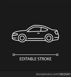 Coupe car white linear icon for dark theme. Two-door sports auto. Performance-oriented vehicle. Thin line customizable illustration. Isolated vector contour symbol for night mode. Editable stroke. Coupe car white linear icon for dark theme