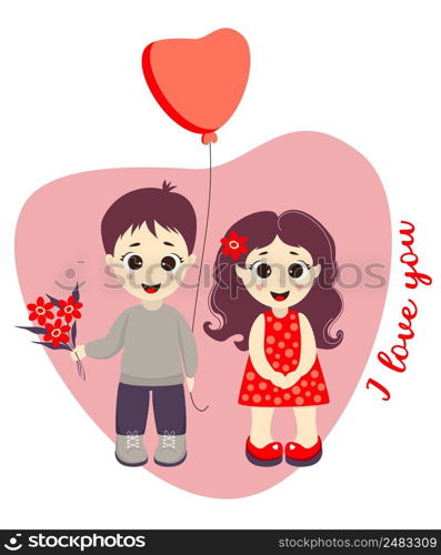 Couple - a boy with a bouquet of flowers and a balloon and a cute Pretty girl against a background of heart. Text - I love you. Vector. Illustration for Valentine, for design, postcards and print