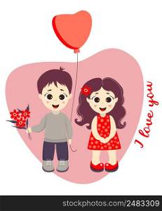Couple - a boy with a bouquet of flowers and a balloon and a cute Pretty girl against a background of heart. Text - I love you. Vector. Illustration for Valentine, for design, postcards and print