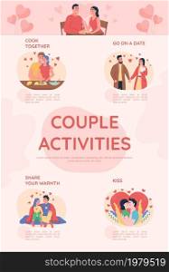 Couple activities flat color vector infographic template. Spending quality time togethe. Poster with text, PPT page concept design with cartoon character. Creative data visualization. Info banner idea. Couple activities flat color vector infographic template