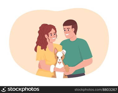 Couple adopt dog from shelter 2D vector isolated illustration. Living together. Get pet with partner flat characters on cartoon background. Colorful editable scene for mobile, website, presentation. Couple adopt dog from shelter 2D vector isolated illustration